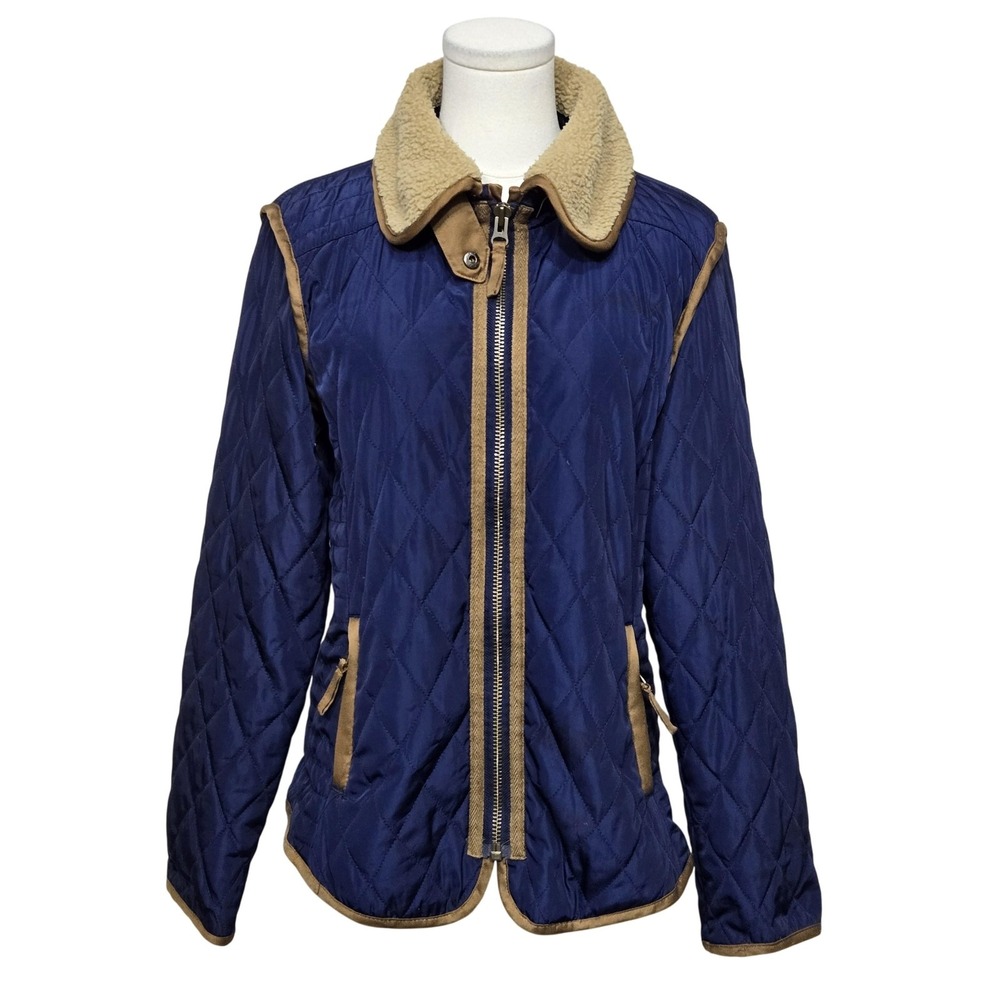 Cremieux Jacket Womens Medium Blue Quilted Faux Shearling Collar Full Zip Coat